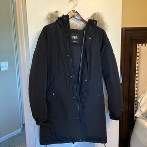 Zara oversized winter coat parka with fur hood